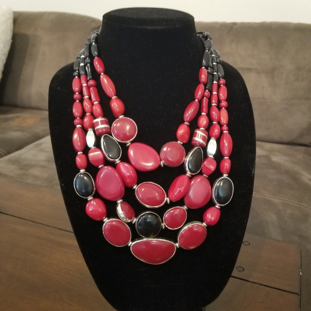 Chico's Vintage Necklace Heavy Statement Piece Multi Strand Red Black Silver